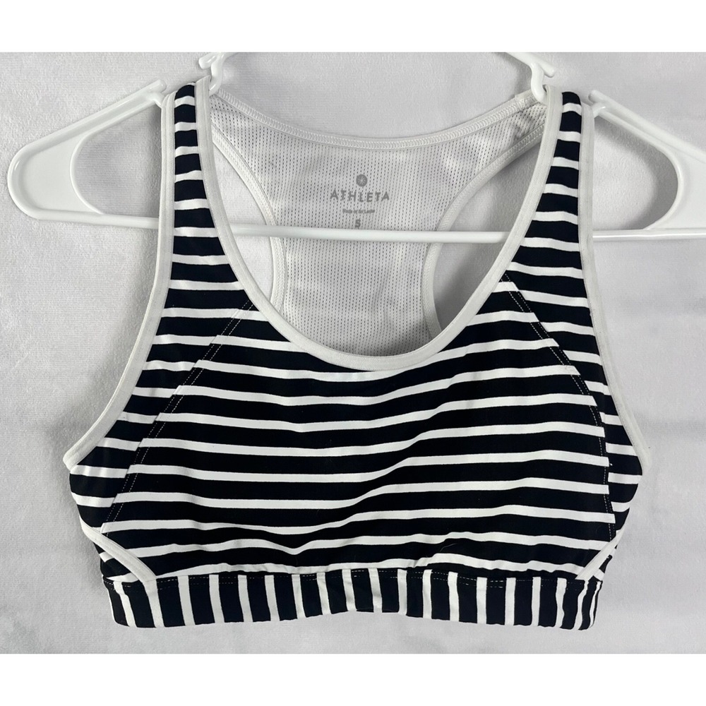 Athleta Stark Stripe Double Dare Cutout Sports Bra - Black & White / Size Small